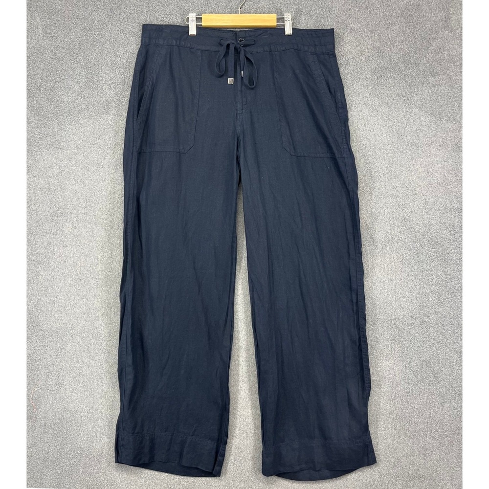 Lauren Ralph Lauren Linen Pants Womens 12 Navy Blue Wide Leg Drawstring Summer